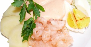 shrimp salad potatoes and eggs